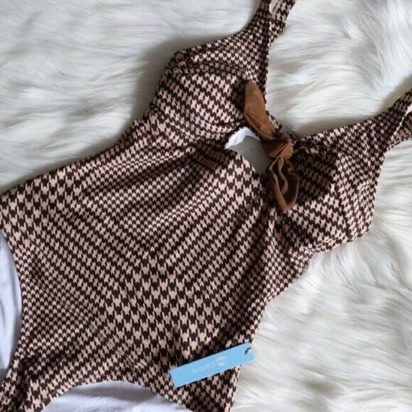 NWT Brown Houndstooth Print Plus Size One Piece Bathing Suit Size 0X Beach Pool - Picture 4 of 8